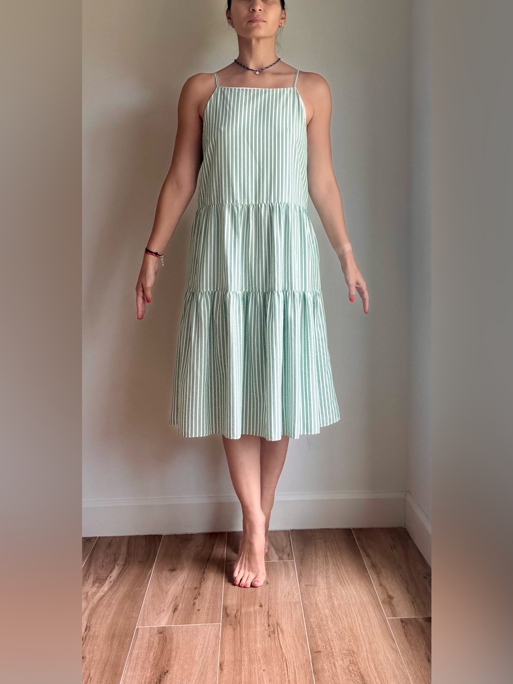 & Other Stories Tiered Green & White Striped Midi Dress